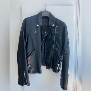 All Saints Black Leather Moto Jacket with Asymmetrical Zipper
